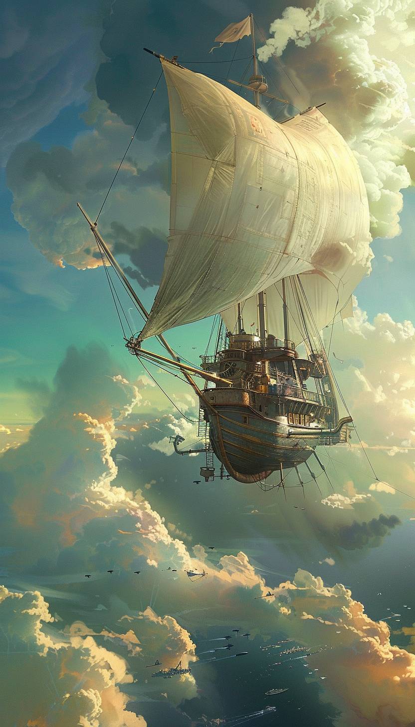 Cliff Chiang風のスタイルで、雲の間を航行する蒸気動力の飛行船
