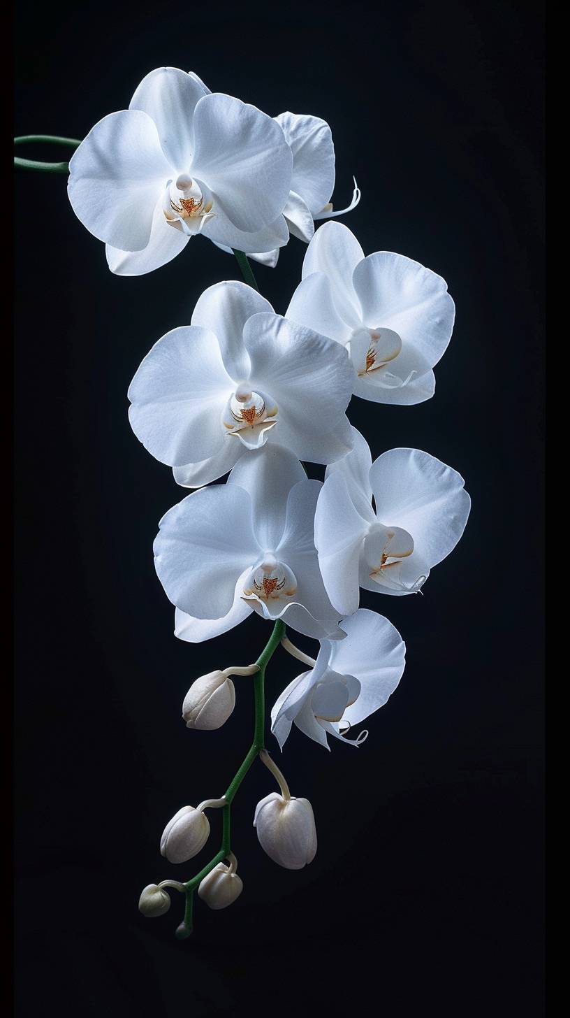 hyper realistic, ultra detailed white single orchid on a black background