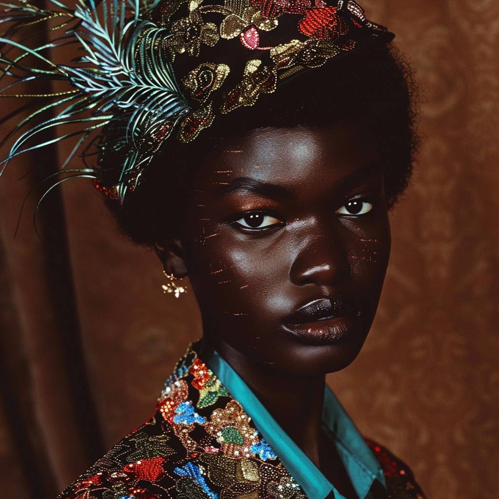 High-fashion black model as a polaroids shot circa 2022, wearing Valentino FW 2023 haute couture, in the style of British Vogue shoots, ultra real, ultra details, photo real.