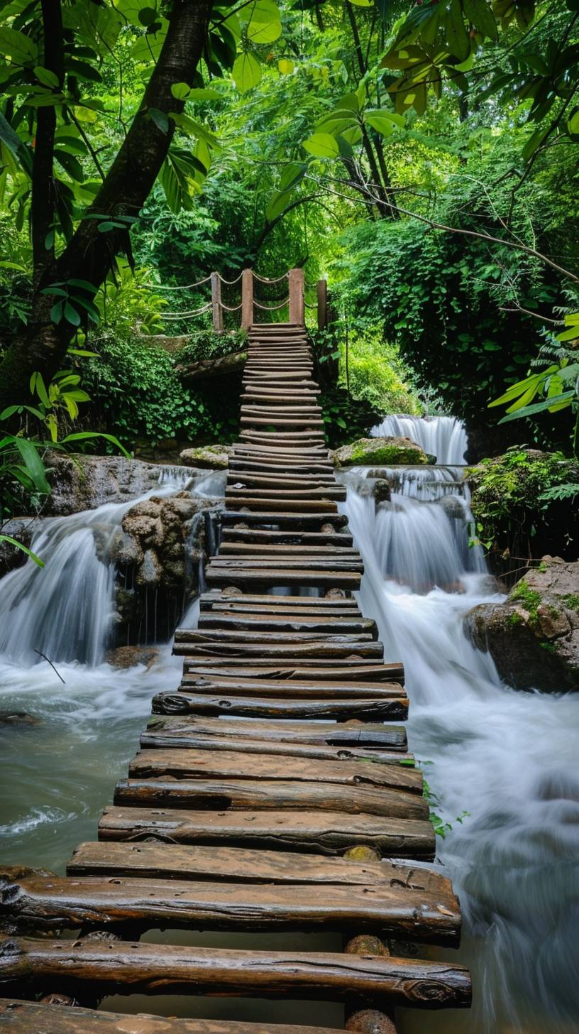 3D wallpaper background design with old wooden bridge and waterfall theme for photomural