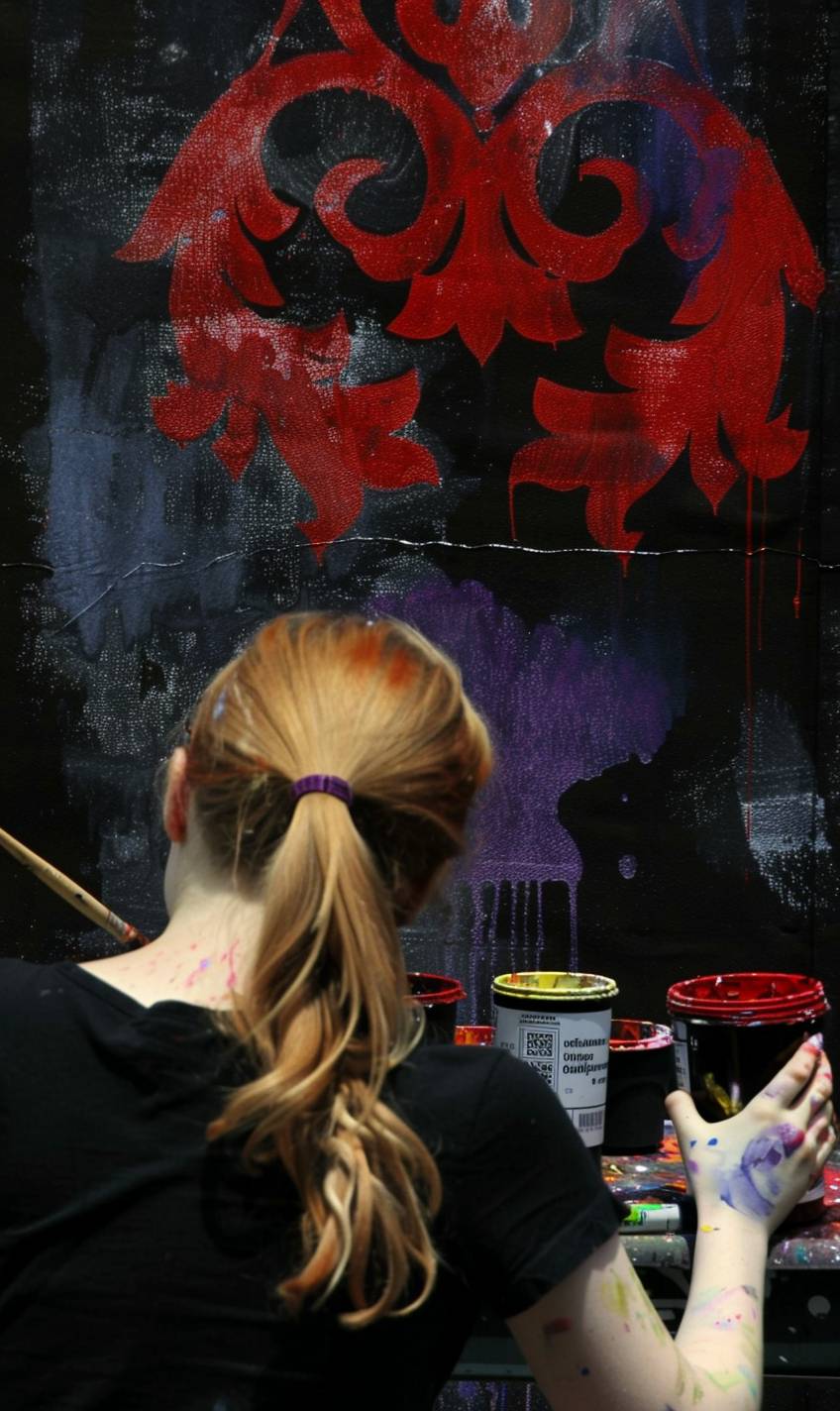 A young, aspiring artist painting a vibrant mural on a city wall, with colorful paints and a sense of creative expression.