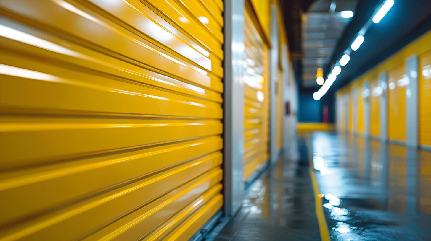 Detailed photography of a brand-new yellow storage door, underground, angled view, UHD, detailed, selective focus