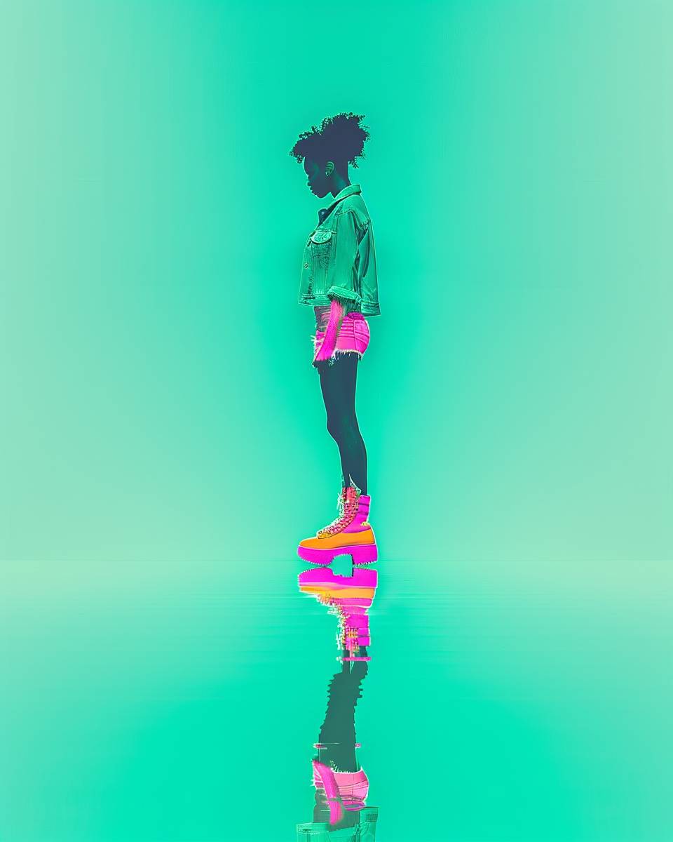 Neon Shadows: Dimmed lights, striking poses. Colorful silhouettes: Green and orange tones, fashion flair.