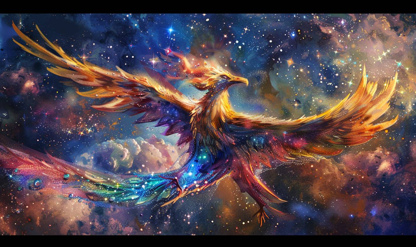In the style of Beatrix Potter, cosmic phoenix soaring through the galaxy