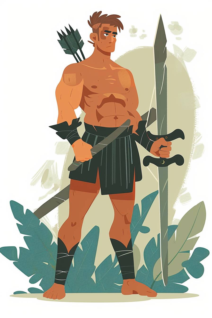 Warrior character in the style of Paula Modersohn-Becker, full body, flat color illustration