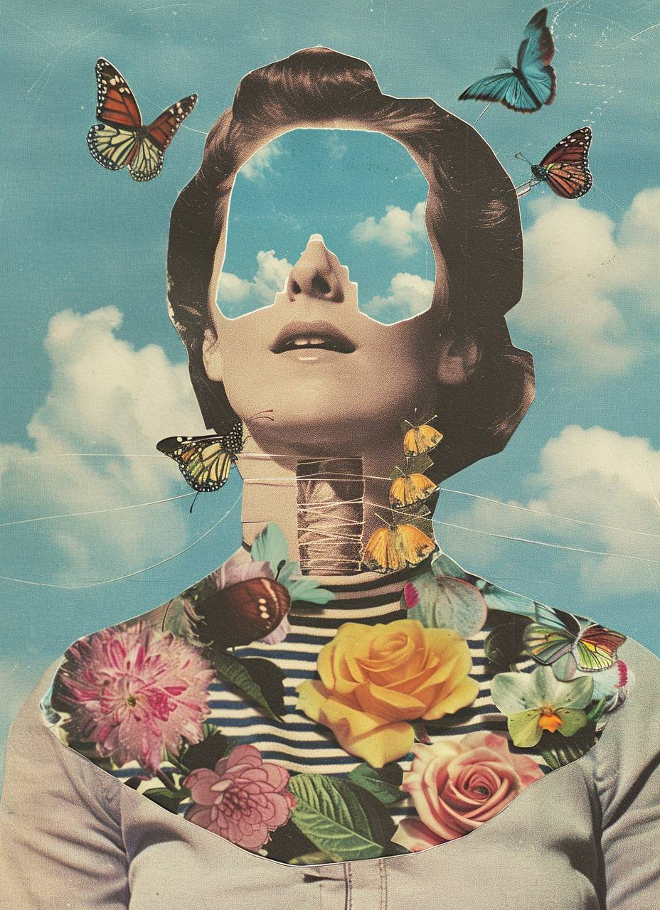 A woman with blue sky and clouds inside her chest, surrounded by butterflies and flowers on her lap. Vintage cut-and-paste style, collage art with dental floss as facial hair. Photo montage with surreal absurdity.