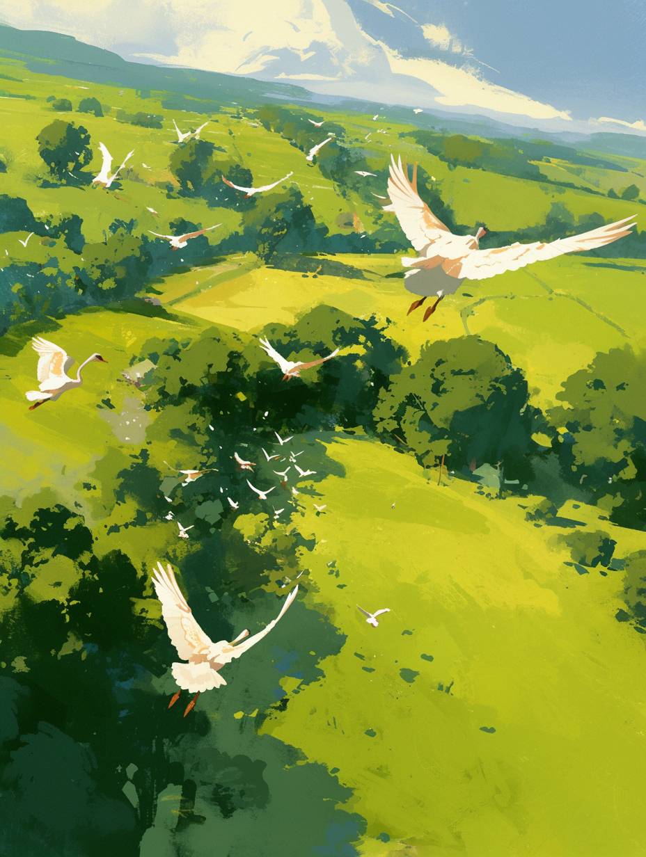 画面の一部には、緑の野原を飛ぶいくつかの白鳥の俯瞰が占められています