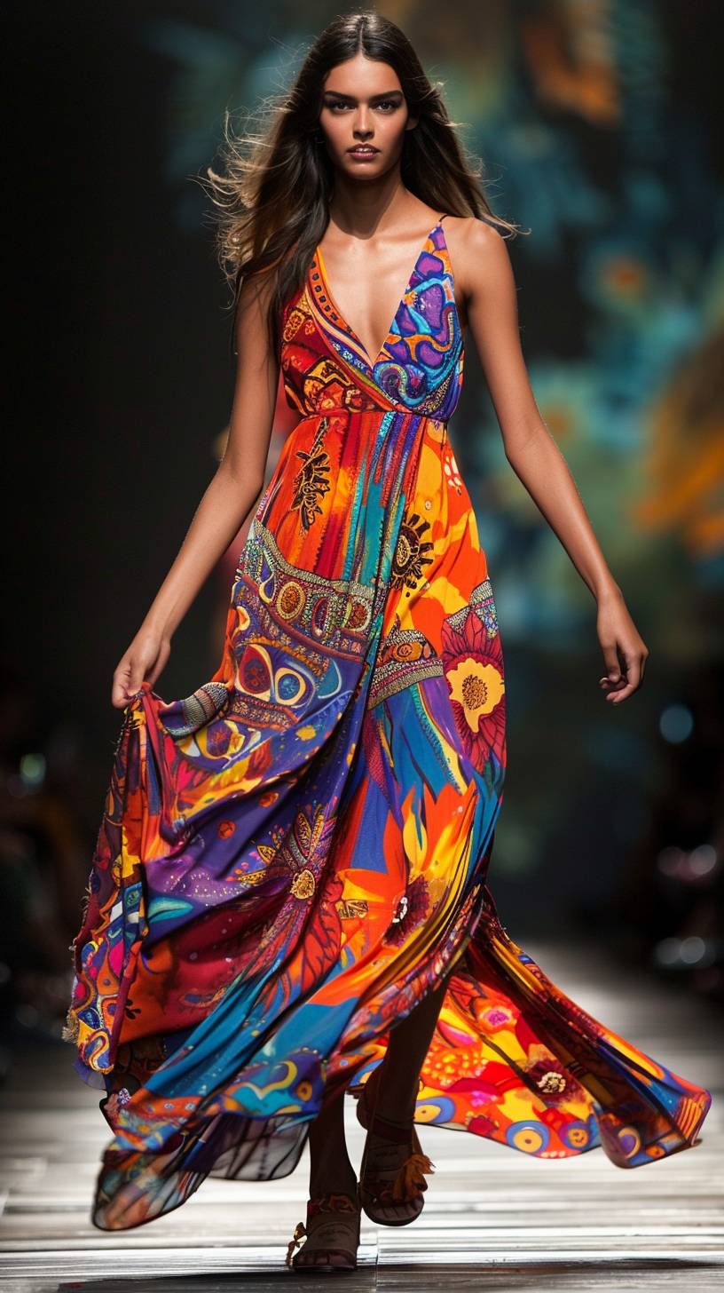 A fashion model strides confidently down the catwalk, capturing the audience. She is adorned in a vibrant, colorful dress with an array of bright, eye-catching patterns. The dress features a flowing, asymmetrical, high-low hemline.