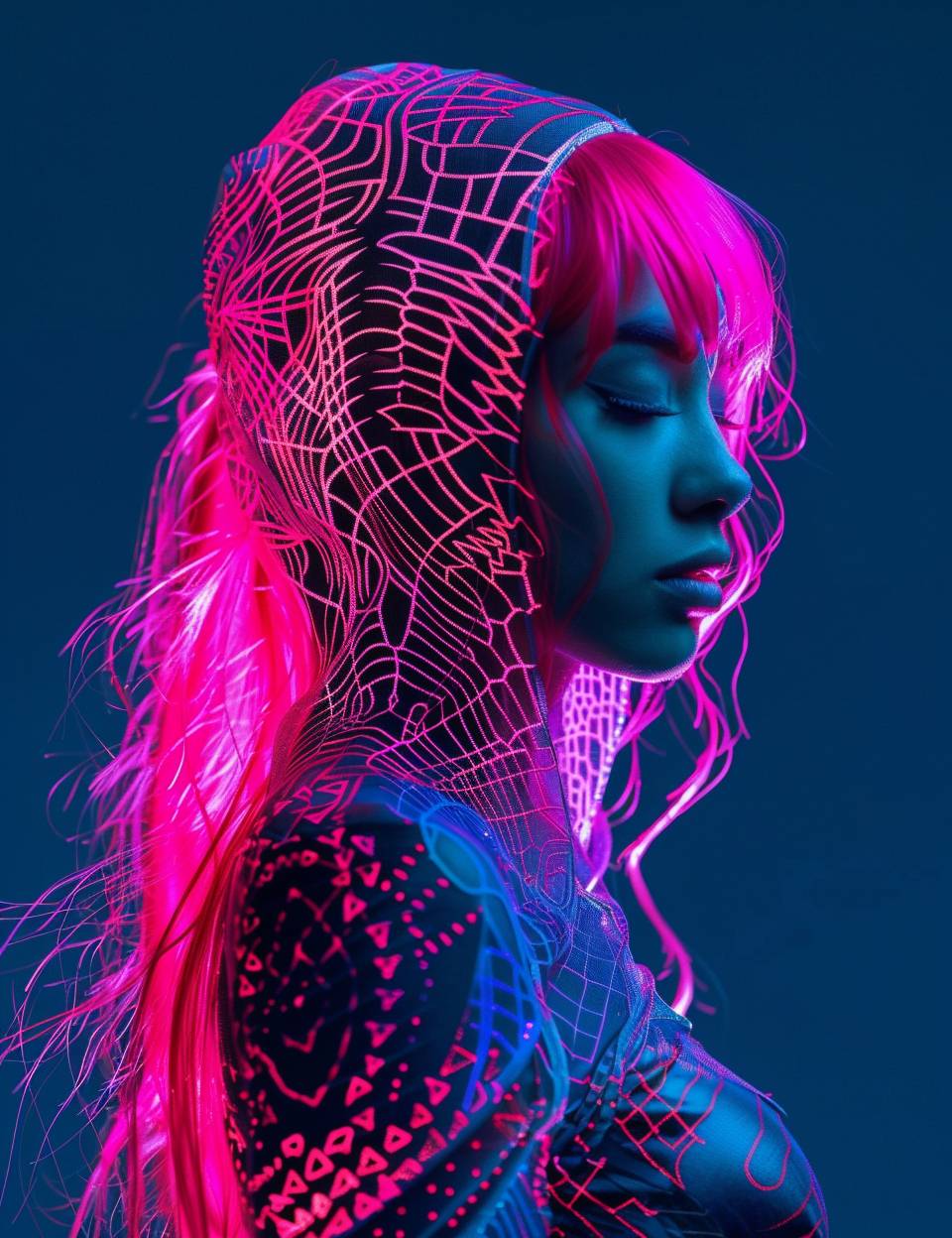 Futuristic Fashionista, Full Body Portrait, Taken with Sony Alpha 1, In a highly detailed photo, a stunning young woman with hot pink hair showcases a translucent tight bodysuit with intricate Retro Futurist Dadaism geometric patterns. The sharpness of the image highlights the intricate details and translucent surfaces of her outfit. Her dynamic pose and the futuristic patterns make her look like a vision from a sci-fi utopia.