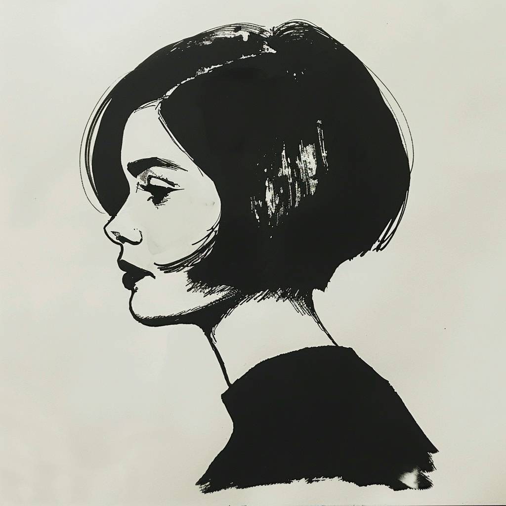 Comic portrait drawing of a [SUBJECT], stoic, bob haircut, side view, monochromatic [COLOR] and [COLOR], minimalistic simple shapes liquid ink art