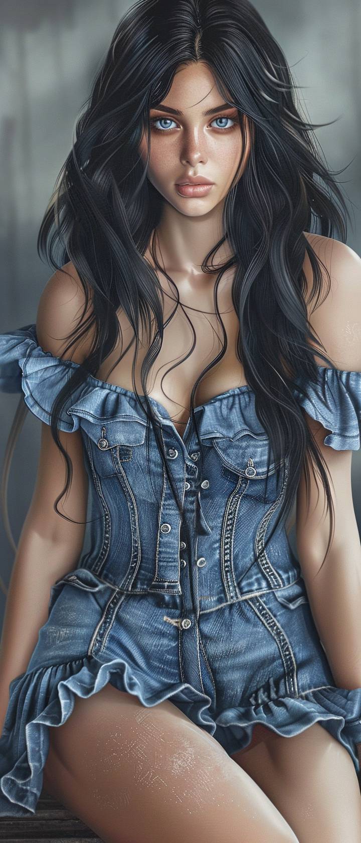 A beautiful woman, a fashion model, with deep facial features and a great figure, showing shoulders and thighs, wearing a denim dress with ruffled edges, long black hair, real, surreal, finely detailed facial features.