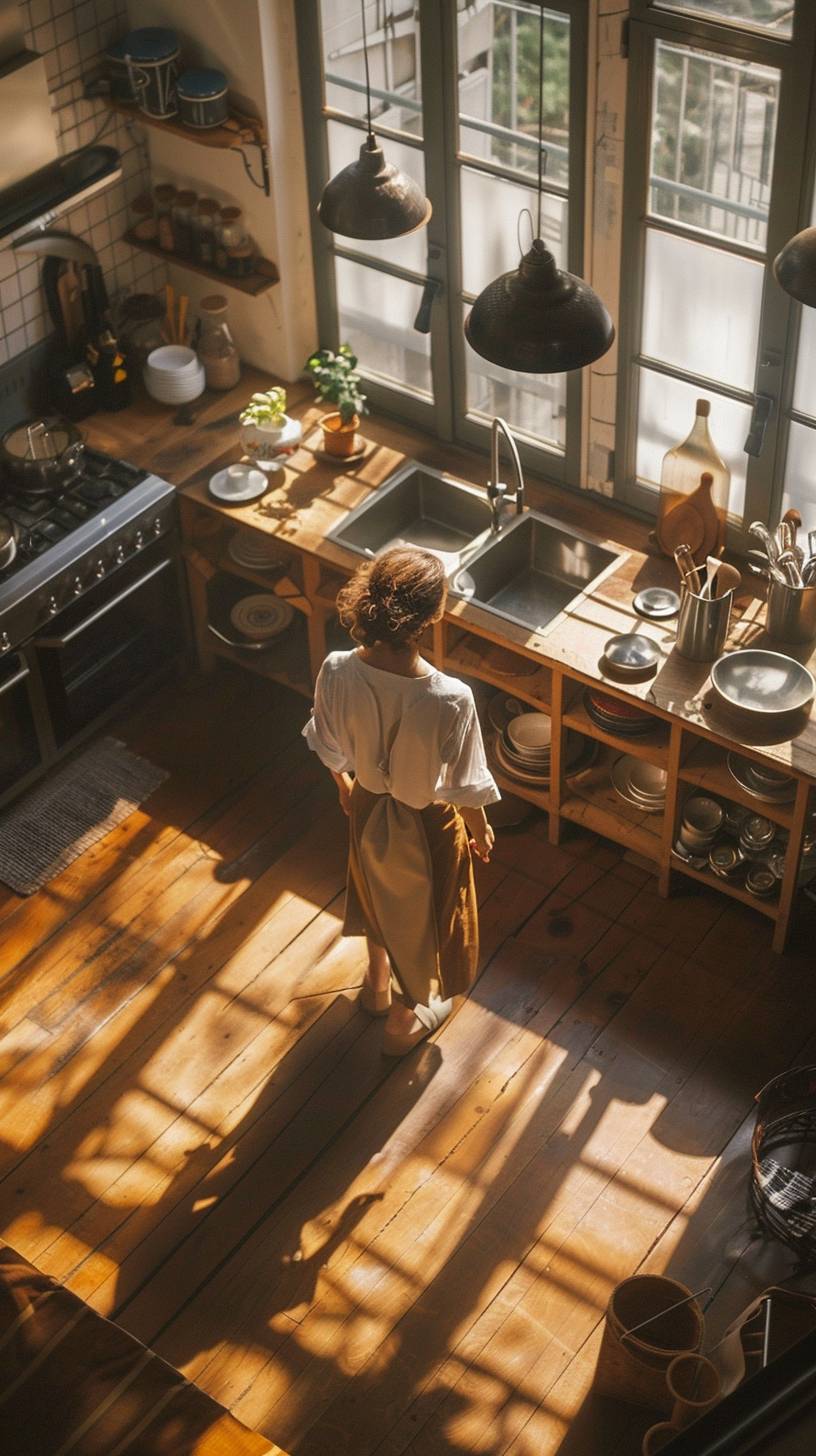 空撮風景。広々としたキッチンで歩く女性フランス人料理人の全身ショット。複雑なディテール。窓の影。