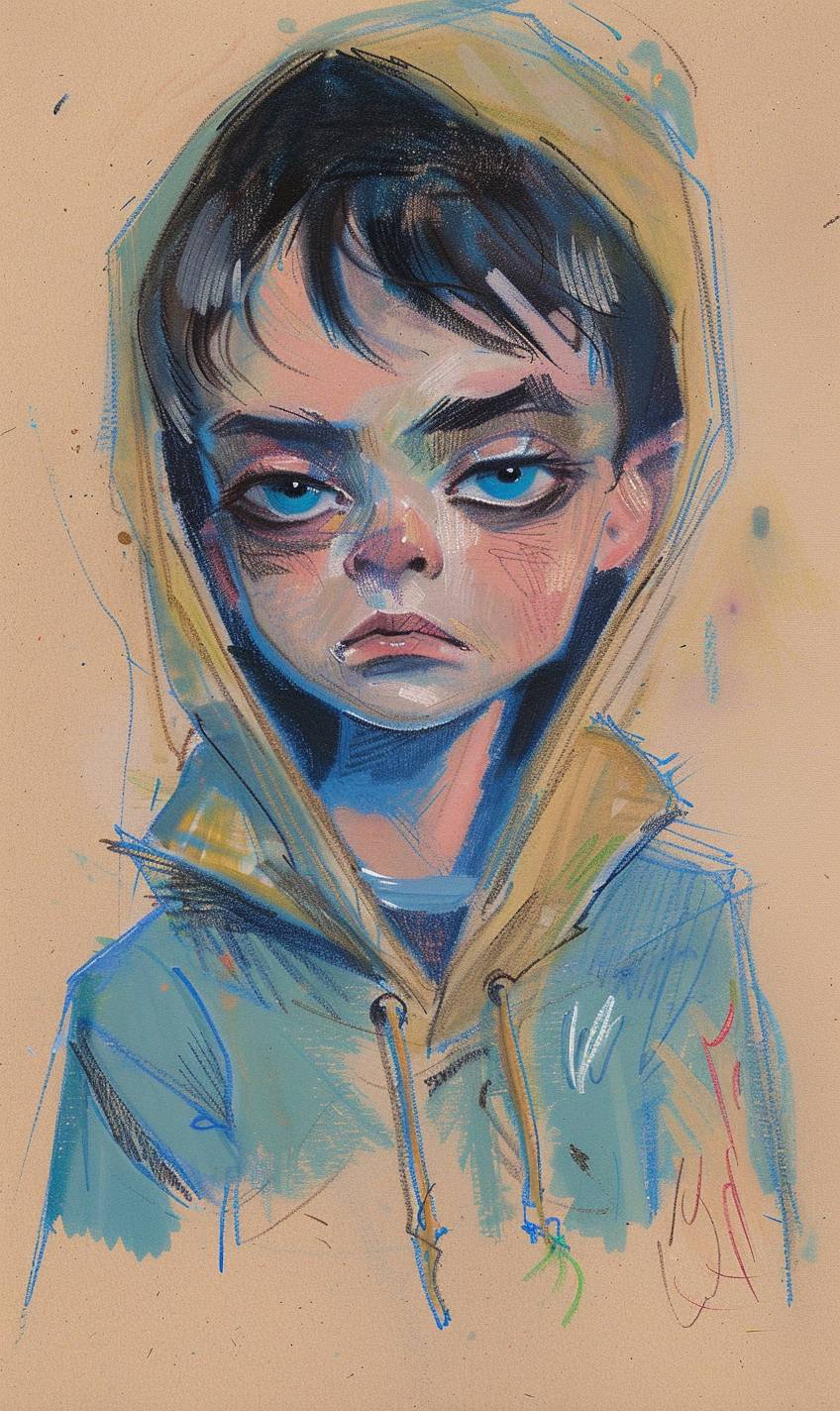 A drawing of a child, in the style of pastel markers, quirky character design, pastel oil, subtle tones, cutecore, blue