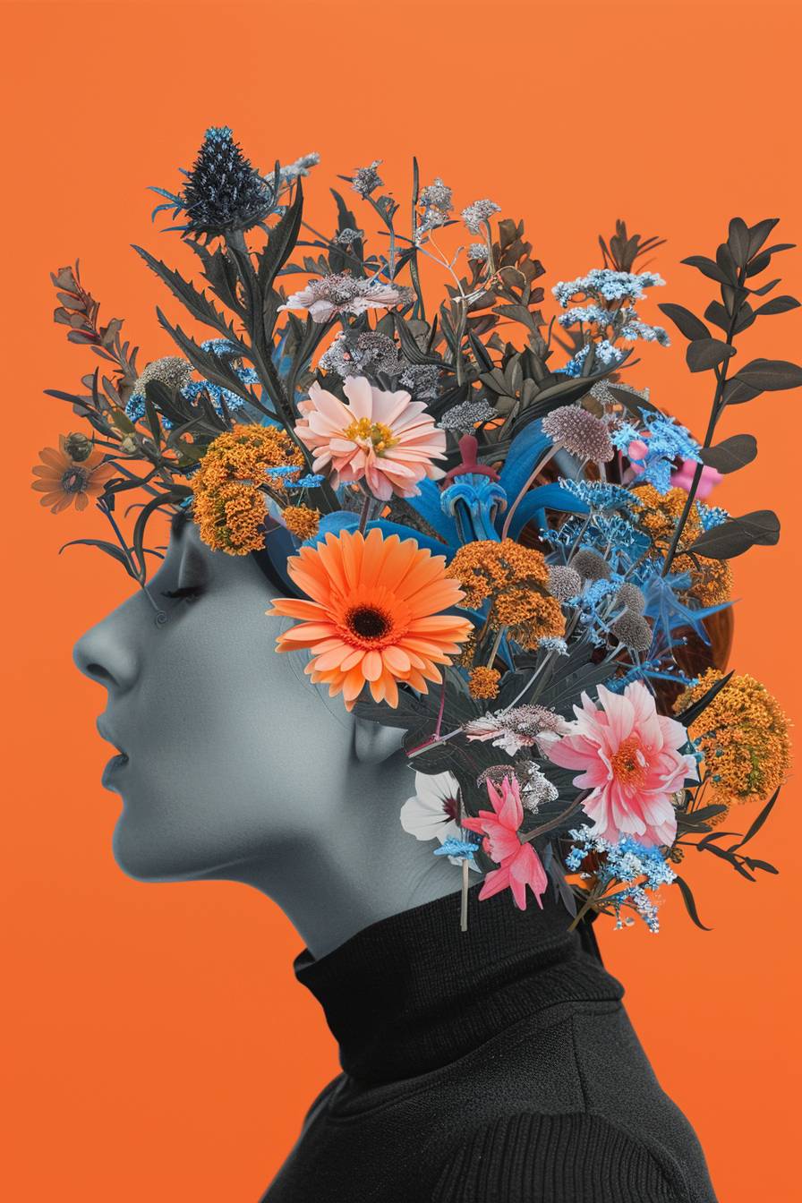 A woman's head covered with flowers in the style of graphic design poster art with clear edge definition and high contrast background, lifelike renderings