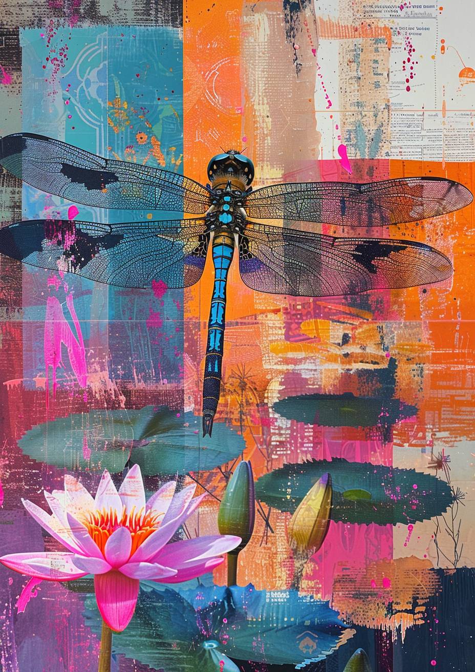 Abstract layered silkscreen print, close up of a dragonfly over a pond with water lilies, fragmented and distorted rectangles, vibrant colour palette, rough texture, flat image