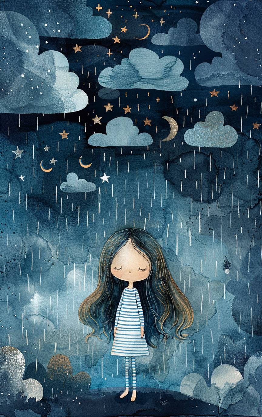 雨の中に立っているかわいい小さな女の子。頭上には濃紺と灰色の雲が広がっており、Jon Klassen風のシンプルなカートゥーンスタイルのベクターイラストで、全身ポートレート。ストライプのタイツを履き、ロングヘア、白い靴、フラットデザイン、カラフルで、星空の夜景の詳細な背景があり、子供向けの本のカバー。高解像度、高品質、高詳細、明るい色、明るいトーン、描画スタイル、柔らかい照明、クリアなディテール、友好的な雰囲気。