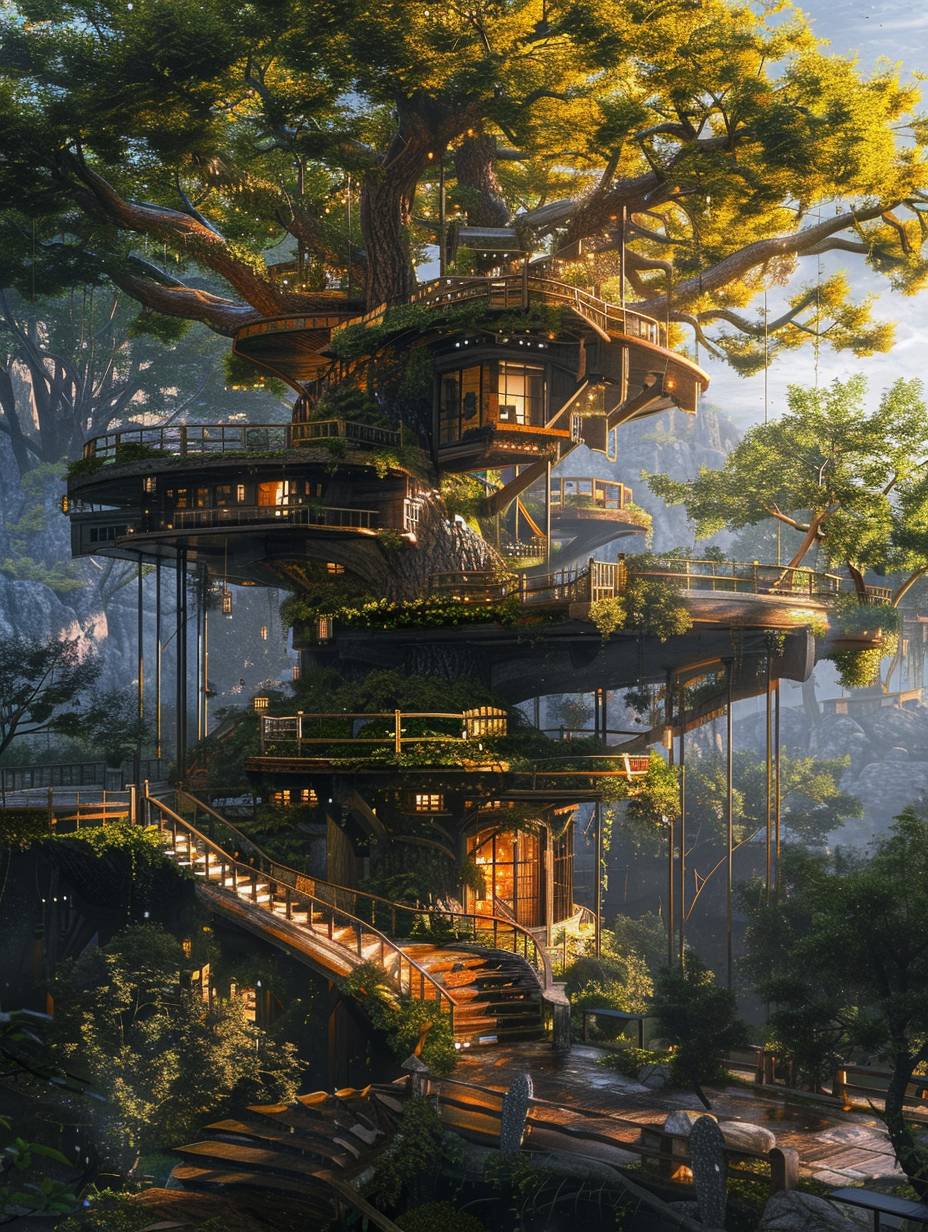 Concept art of a tree-top dwelling for a manapunk real estate development