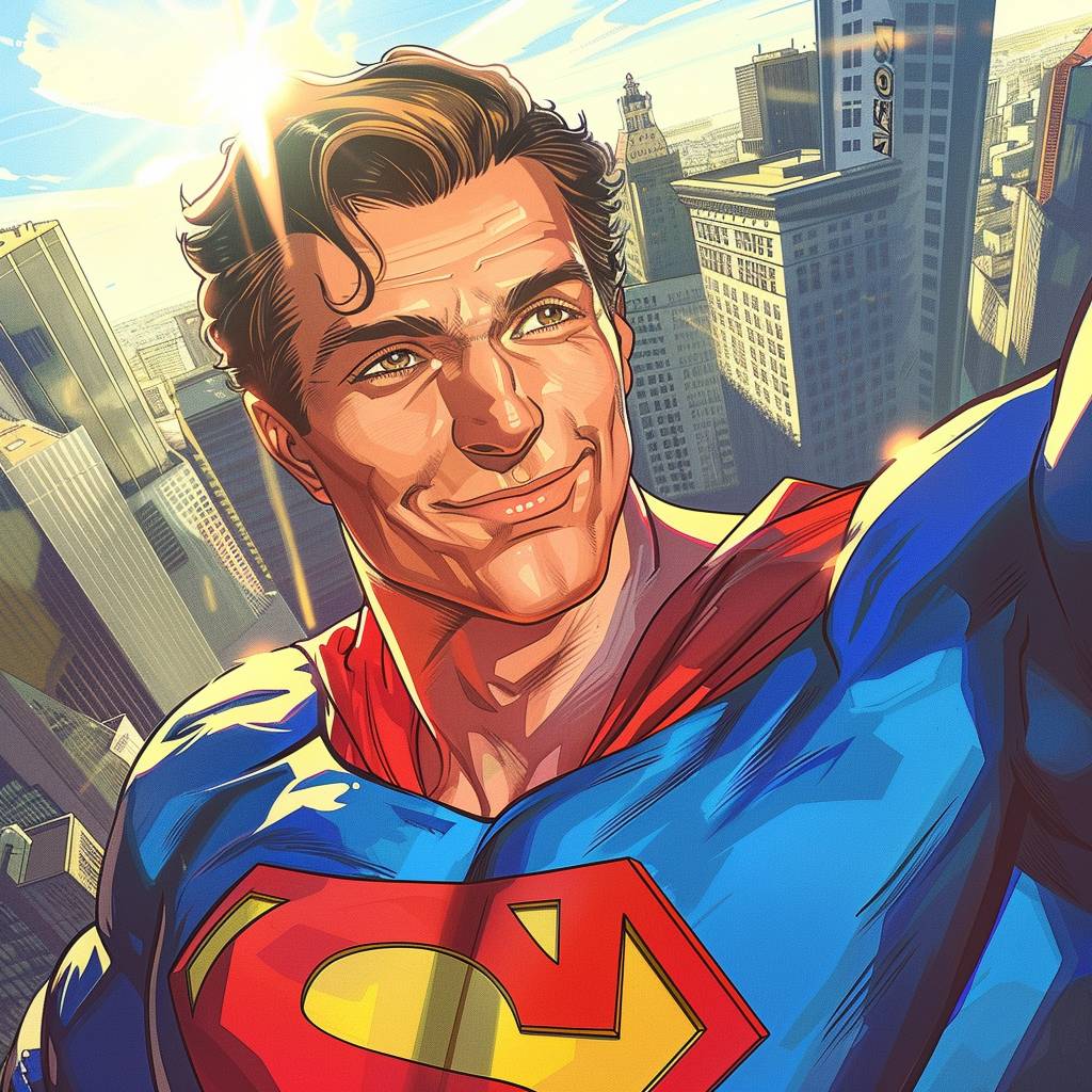 コミックブックのイラスト、DCコミックスのスーパーマンのセルフィ、典型的なブルーのスーパーマンの衣装に身を包み、背景にはメトロポリス市の赤いマントが描かれた晴れた日、DCコミックス、コミックブックスタイル、高度に詳細