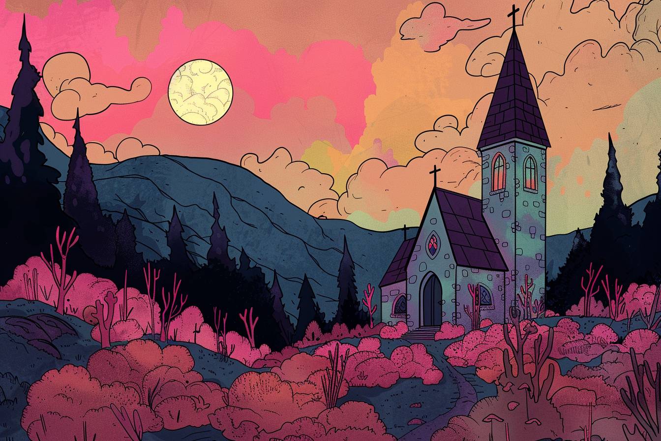 In style of Allie Brosh, stunning natural landscape, church