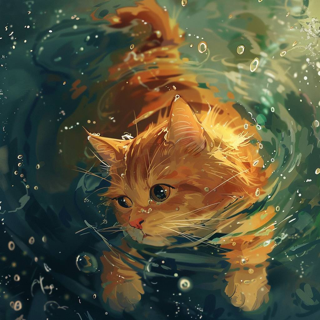 Unexpected alchemical reaction, orange cat anime in water