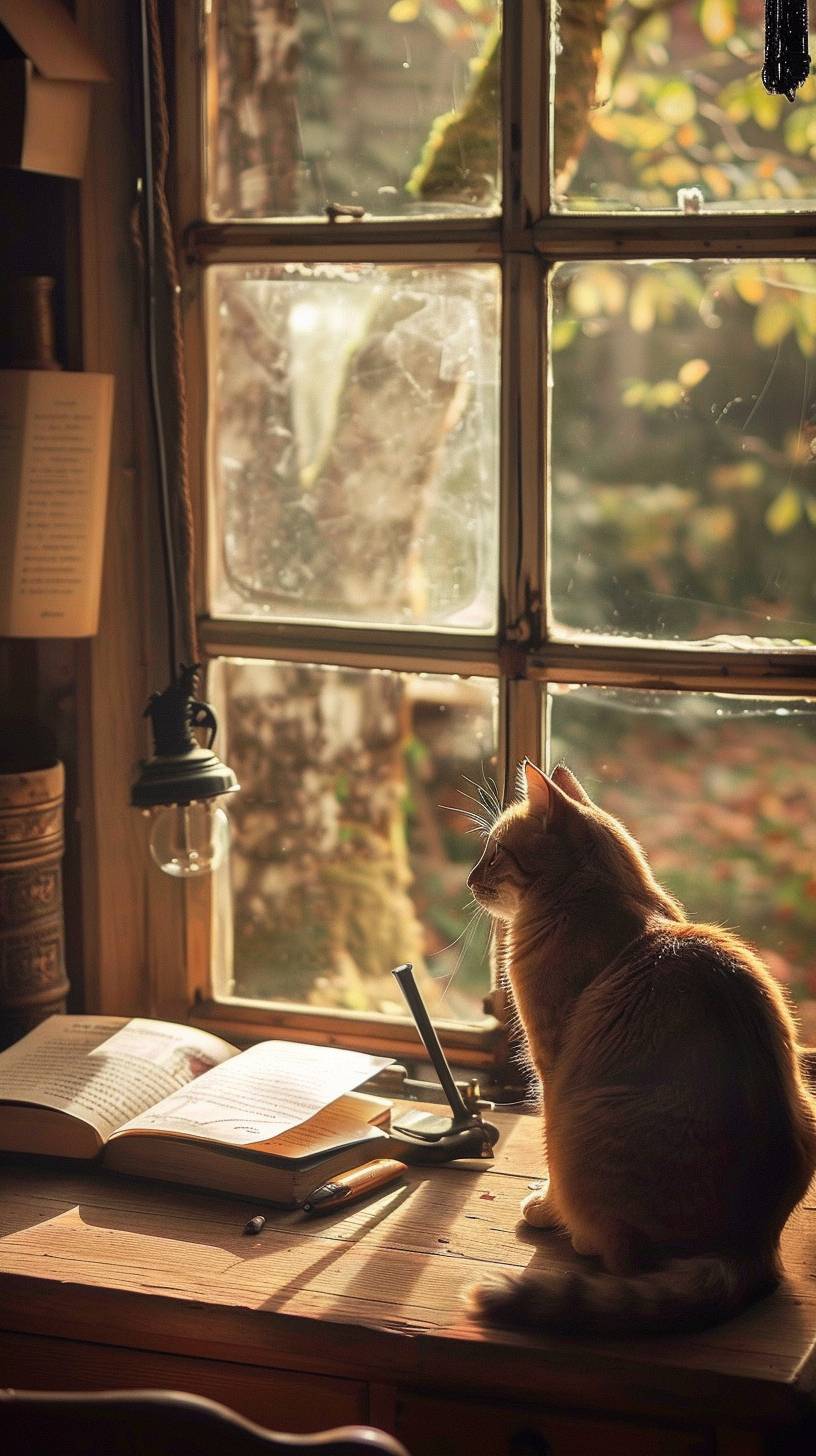 視覚の写真です。リアルな光の質感を持つ窓で、机の上に猫がいます。日記帳の上のペンは自動的に動き、書き込みます。