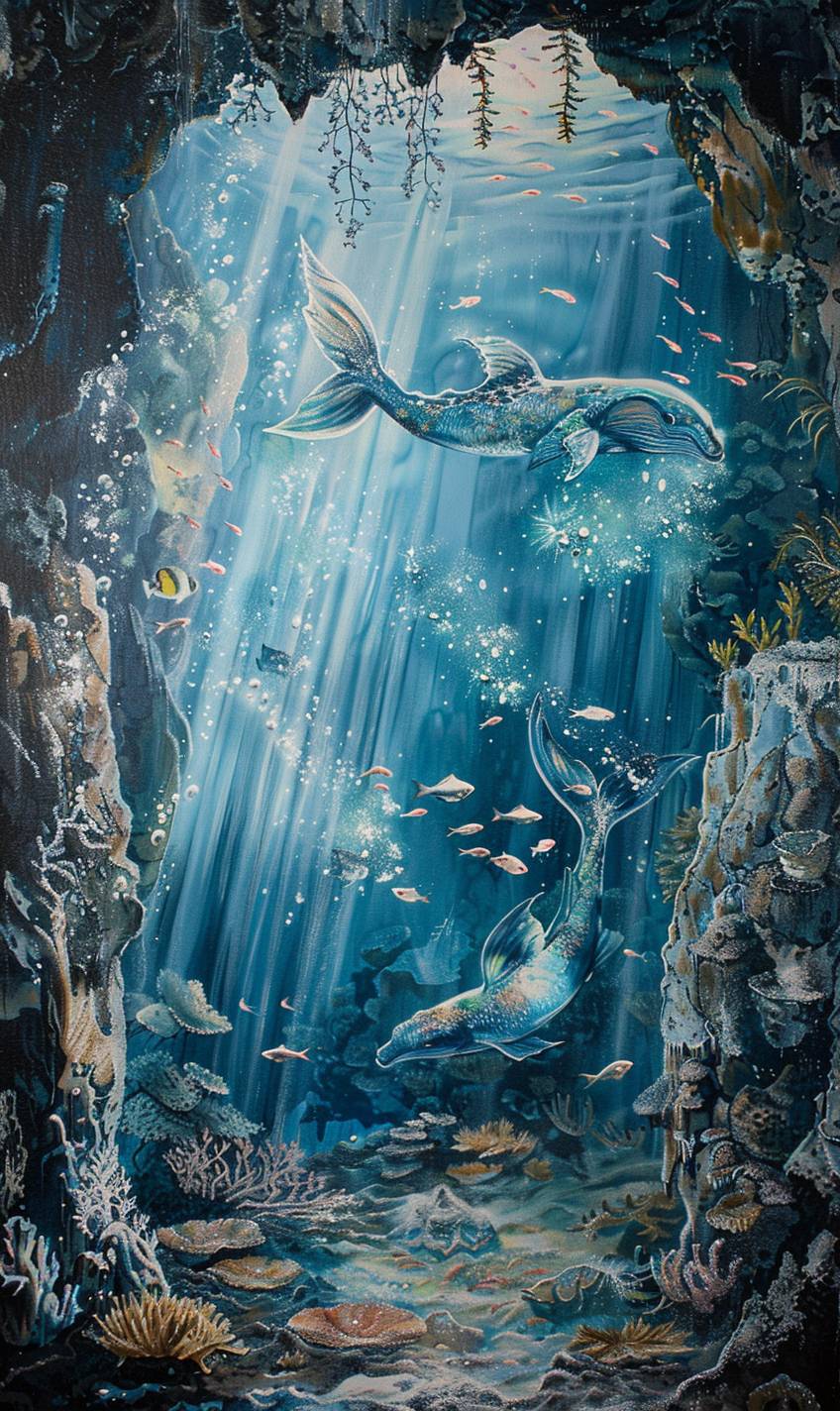 宮本武蔵のスタイルで、キラキラ輝く人魚と一緒に水中の洞窟--ar 3:5 --v 6.0