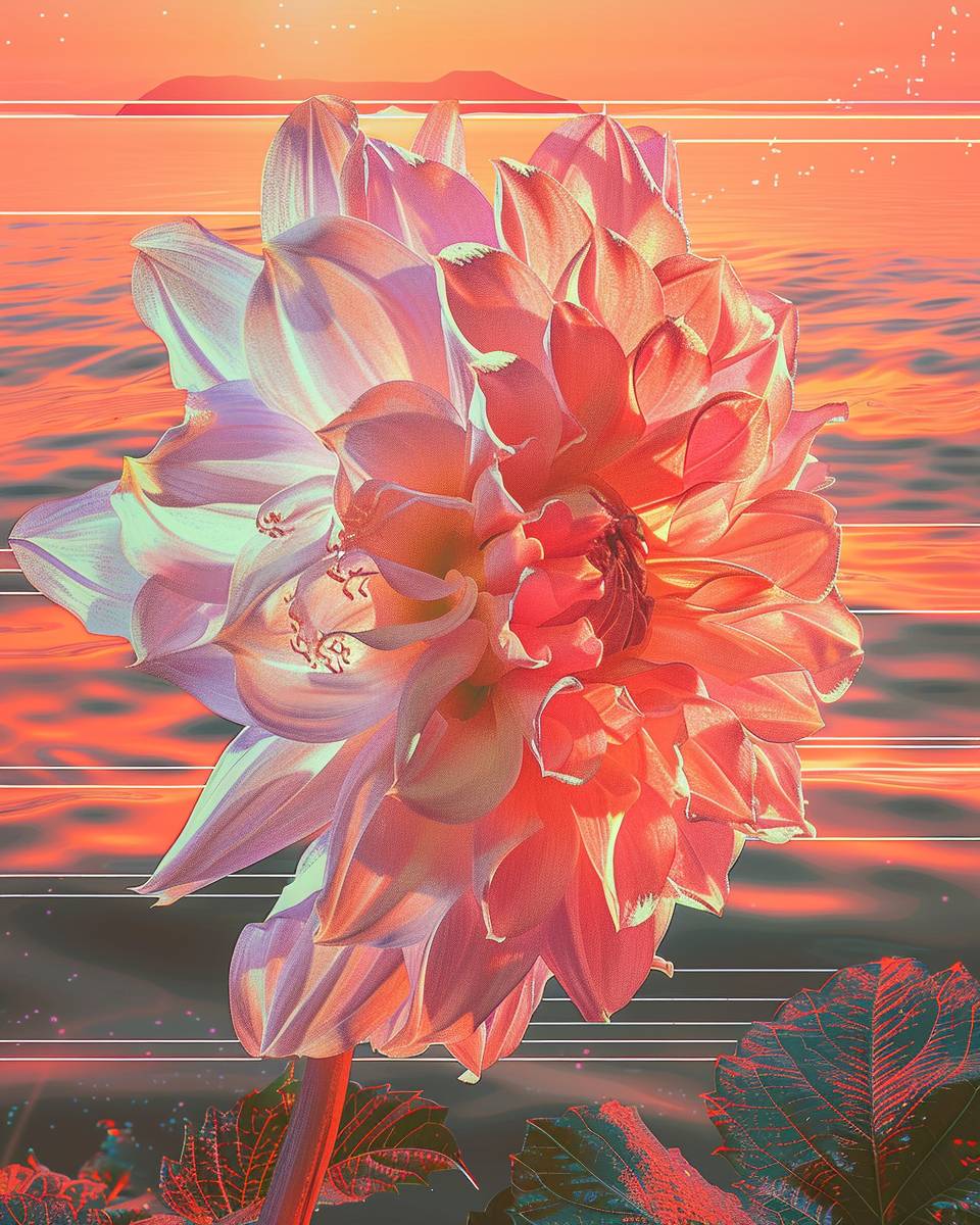 A photo of a pink and white glitched Dahlia, against a linear datamoshing dark-pink-orange background, in the style of a tropical sunset by the ocean