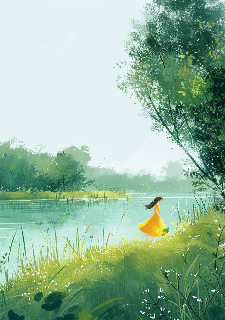 A girl in the distance, green trees and grassland, lake, simple illustration style, flat painting, simple lines, solid color blocks, meticulous landscape painting, children's book illustrations, interesting character designs, pastel colors, soft tones, cartoonish characters, childlike innocence, fresh and elegant background, playful texture, simple design, green tree field, a yellow-haired princess holding a flower bag running on a meadow in the style of a children's book illustration.