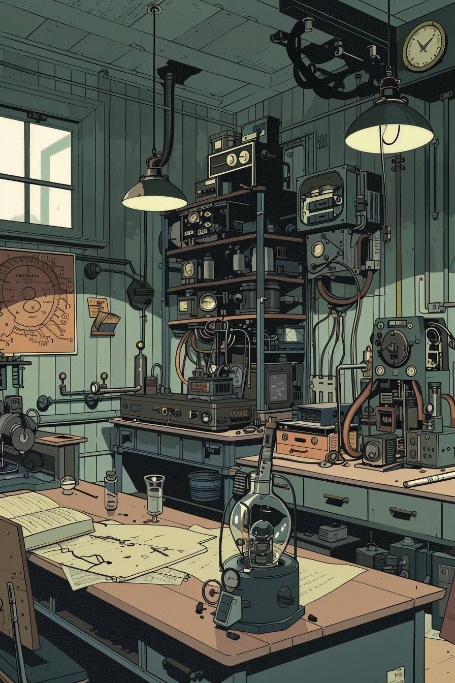 アドリアン・トミネのスタイルで、機械の驚異に満ちたスチームパンクの研究室