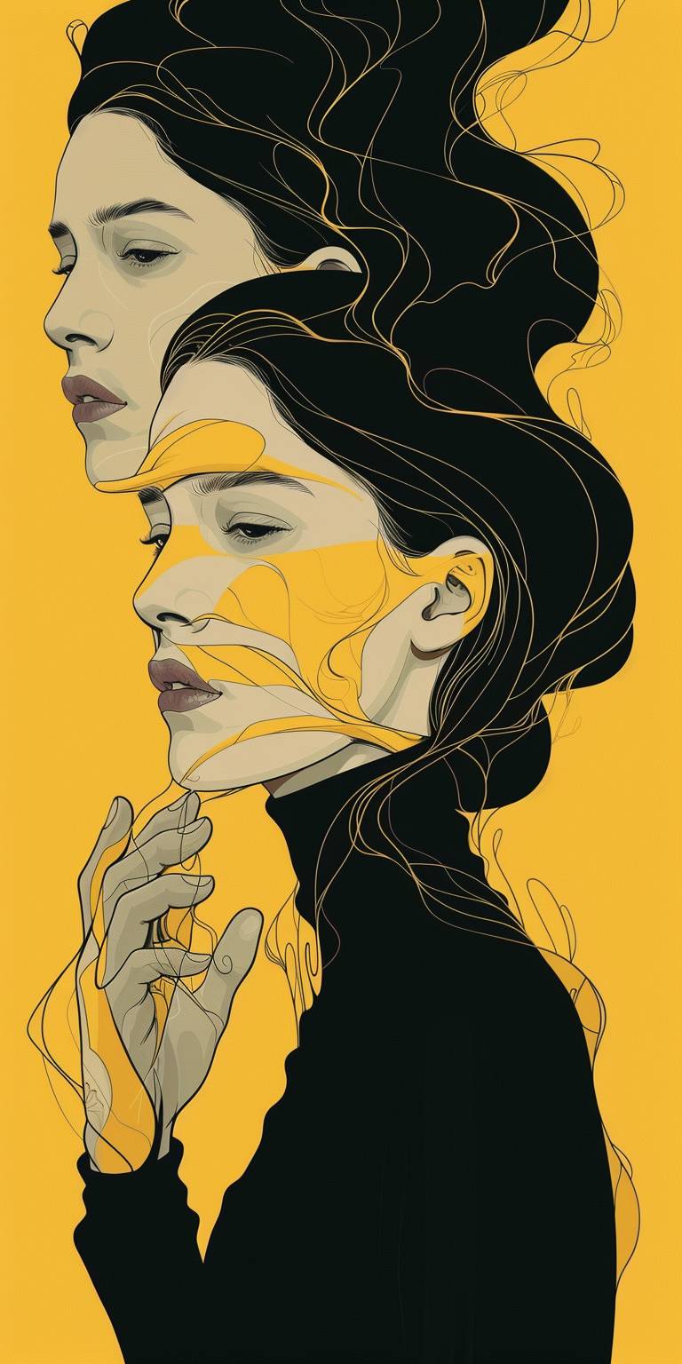 An illustration of multiple faces melting seamlessly into each other in the style of James Jean, a full body portrait of a woman with dark hair wearing a black turtleneck and hands holding a mask in front of her face, a beautiful female form with an elegant long neck against a yellow background with clean lines and high contrast.