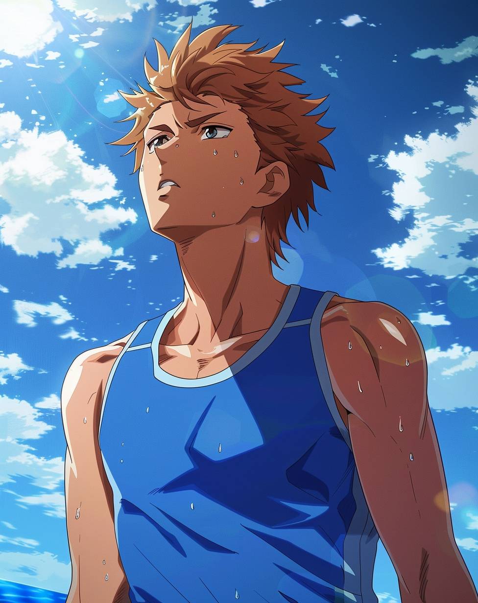 In the style of Makoto Shinkai, a young man with light brown hair and light skin is depicted on an anime movie poster. He is wearing blue sleeveless jersey shorts by the pool, ready to jump into the water. With a muscular upper body, white clouds in the sky, and a blue background, he has brown eyes, brown eyelashes, and a handsome appearance with light brown short spiky hair. He is dressed in sportswear, featuring vibrant colors, simple details, simple lines, and a close-up of his face.