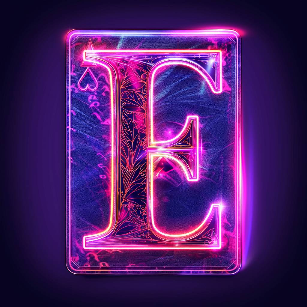 Letter E logo drawn on a playing card + neon + minimalistic + techy + books art design + ultra HD + 8k