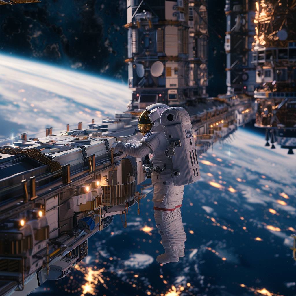 Astronaut floating near a massive space station, Earth's curvature in the background, vivid Earth glow, complex equipment detail, outer space depth, photorealistic, sci-fi blockbuster style