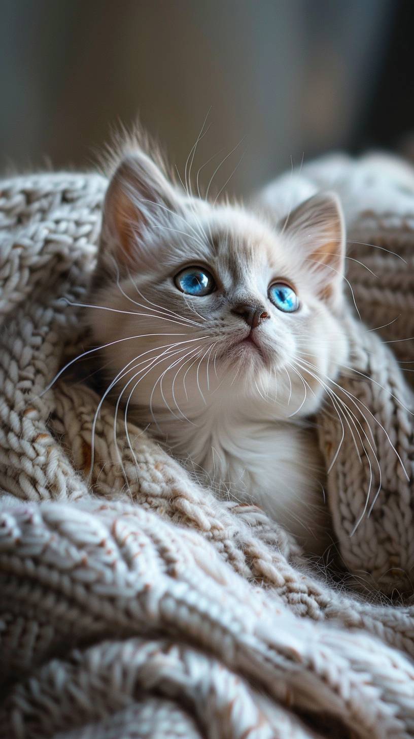 A small, white kitten with blue eyes, curled up in a cozy blanket, softly lit by the warm sunlight streaming through a nearby window, with a tiny pink nose and delicate whiskers.