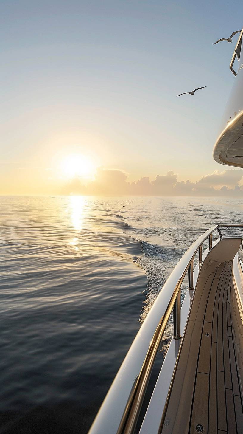 A serene early morning on Florida's Gulf Coast. The scene unfolds on the deck of a silk 50ft motor yacht, moored in the tranquil waters of Sarasota. The sun, just peeking over the horizon, bathes the yacht in a soft, golden light. In the background, the calm sea mirrors the sky, and a few seabirds glide gracefully overhead. This image should evoke a sense of anticipation and peace, idealizing a perfect start to a day of luxury boating.