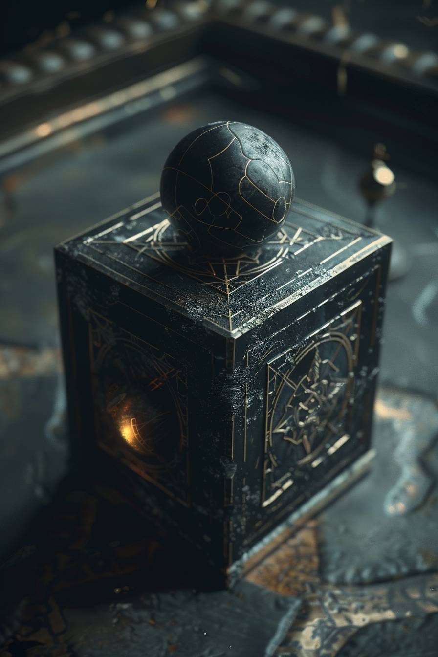 Artifact with the power to bridge the realms of life and death, featuring a puzzle box with a sphere in the middle, adorned with cryptic symbols. It emits a dangerous and mysterious, supernatural aura and serves as a tool for astral projection. It is black and looks man-made, yet it may also carry an otherworldly appearance, with a warm glow emanating from within. Its scary and ominous look leads it to be studied in a dark government room, with a shallow depth of field that gives it a photographic, realistic, cinematic quality.