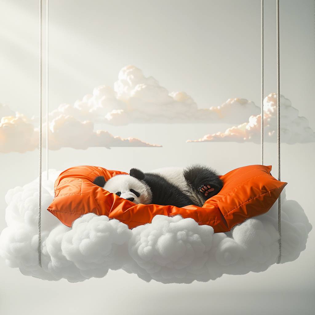 Commercial photography, surrealism, realism, a panda sleeping on a cloud bed floating in the sky, with a cloud blanket and a cloud pillow, smiling, happy, cozy, white and orange tone, white background, bright space, minimalist style, advertising grade photography, super detail.