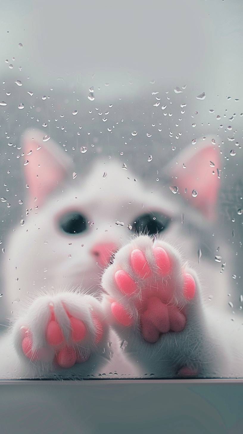 Through frosted glass, I saw a cute cat face with a hazy texture, with two pink claws protruding from below. Simple background and cartoon style. Featuring white and gray, adopting minimalist design. A close-up of only one claw with a blurry effect to increase depth.