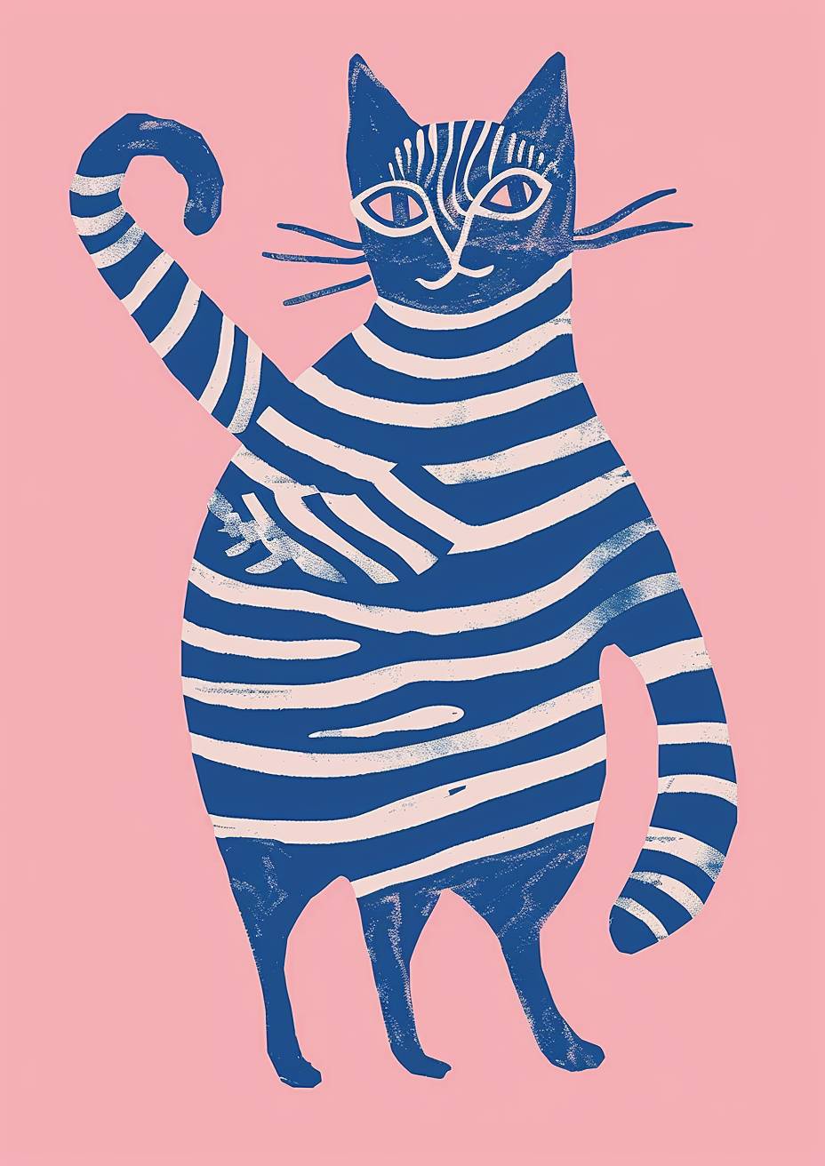 A minimalistic painting of a cat with stripes in blue and white on a pink background, in the style of Henri Matisse. The simple design is detailed enough to be interesting. It features bold outlines that highlight the form's contours. The cat holds its tail in one hand, which has stripes similar to those seen on its body. A sense of movement or action appears as if it could jump at any moment. Simple shapes are used.