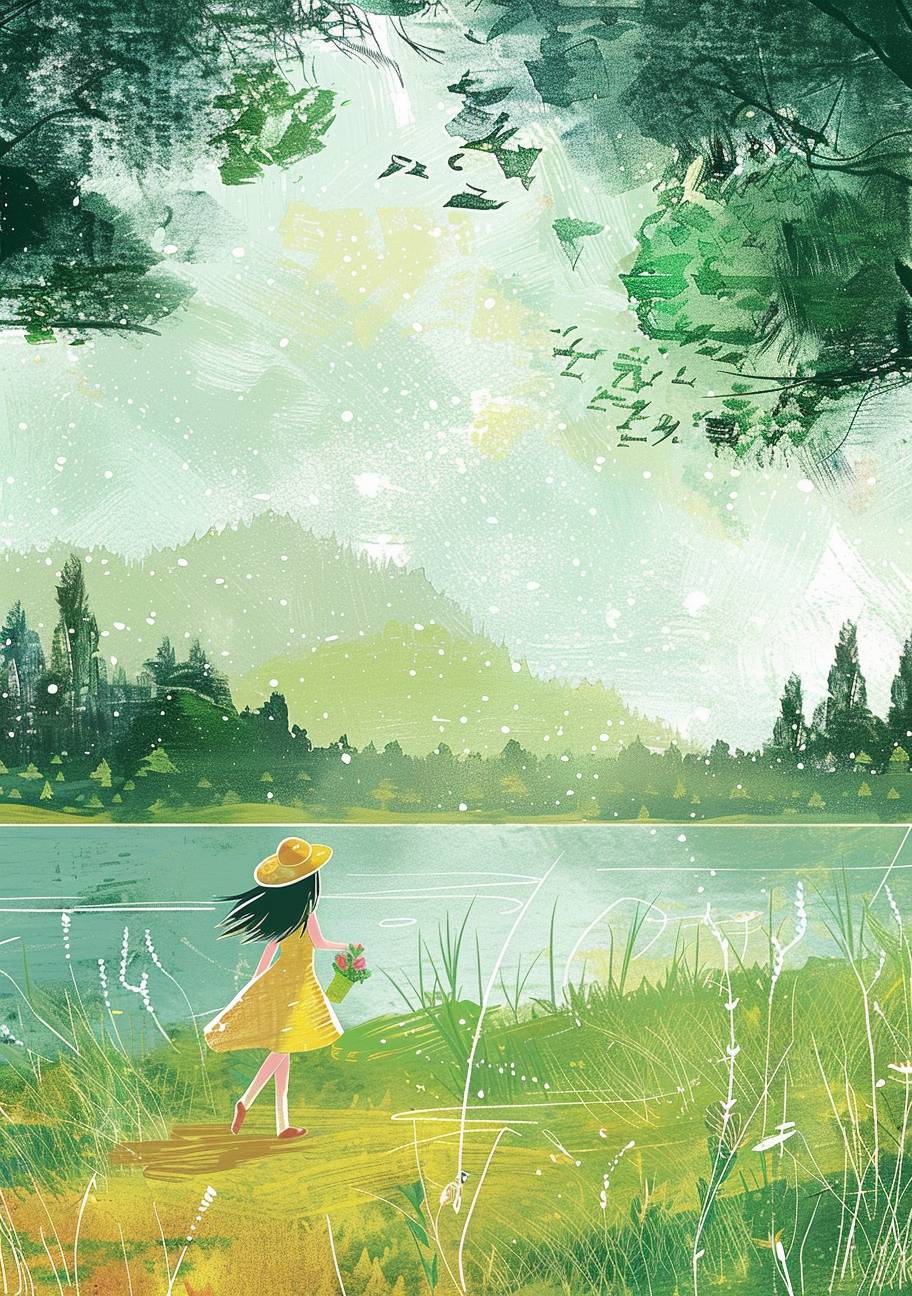A girl in the distance, green trees and grassland, lake, simple illustration style, flat painting, simple lines, solid color blocks, meticulous landscape painting, children's book illustrations, interesting character designs, pastel colors, soft tones, cartoonish characters, childlike innocence, fresh and elegant background, playful texture, simple design, green tree field, a yellow-haired princess holding a flower bag running on a meadow in the style of a children's book illustration.
