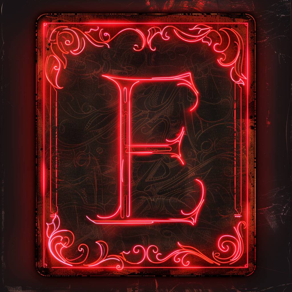 Letter E logo drawn on a playing card + neon + minimalistic + techy + books art design + ultra HD + 8k