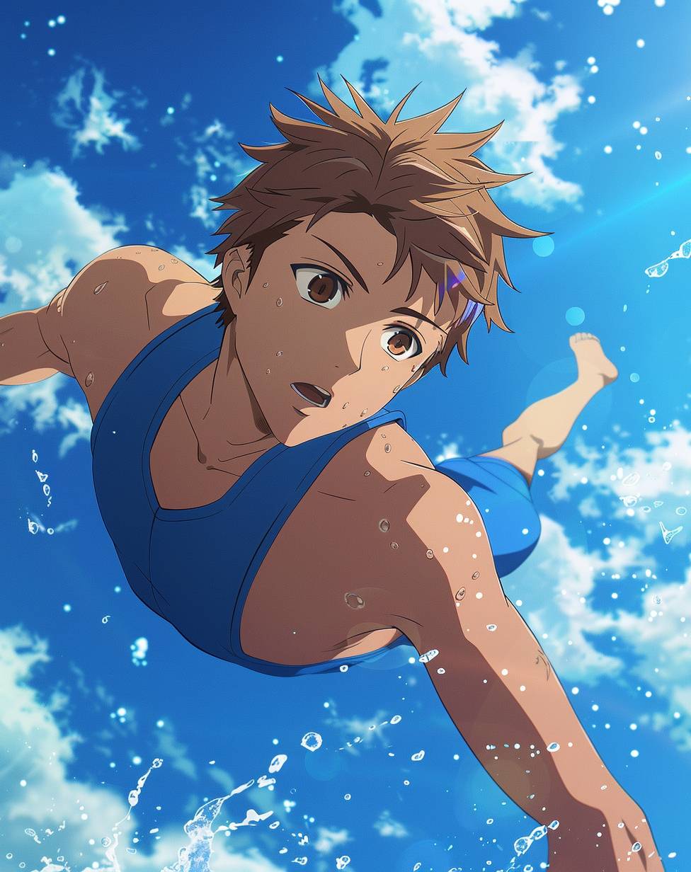 In the style of Makoto Shinkai, a young man with light brown hair and light skin is depicted on an anime movie poster. He is wearing blue sleeveless jersey shorts by the pool, ready to jump into the water. With a muscular upper body, white clouds in the sky, and a blue background, he has brown eyes, brown eyelashes, and a handsome appearance with light brown short spiky hair. He is dressed in sportswear, featuring vibrant colors, simple details, simple lines, and a close-up of his face.