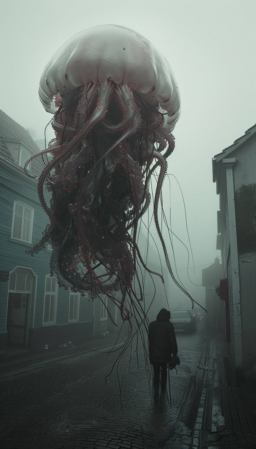 A hyperrealistic bizarre photo of a jellyfish-human hybrid, with long tentacles, a human head stuck on a jellyfish, floating in mid air, looking angry, with an ominous and misty vibe, in a coastal town, a dark horrorscape, 8k resolution