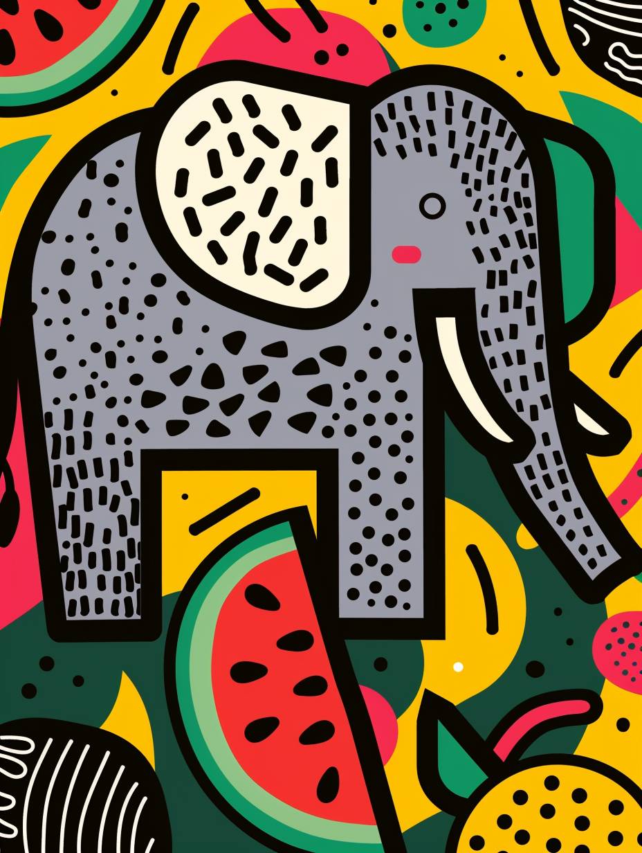 An illustration featuring a complete elephant, abstracted lemon and watermelon pattern in the background, Keith Haring style, vector style, clean color, high resolution, 8k detail
