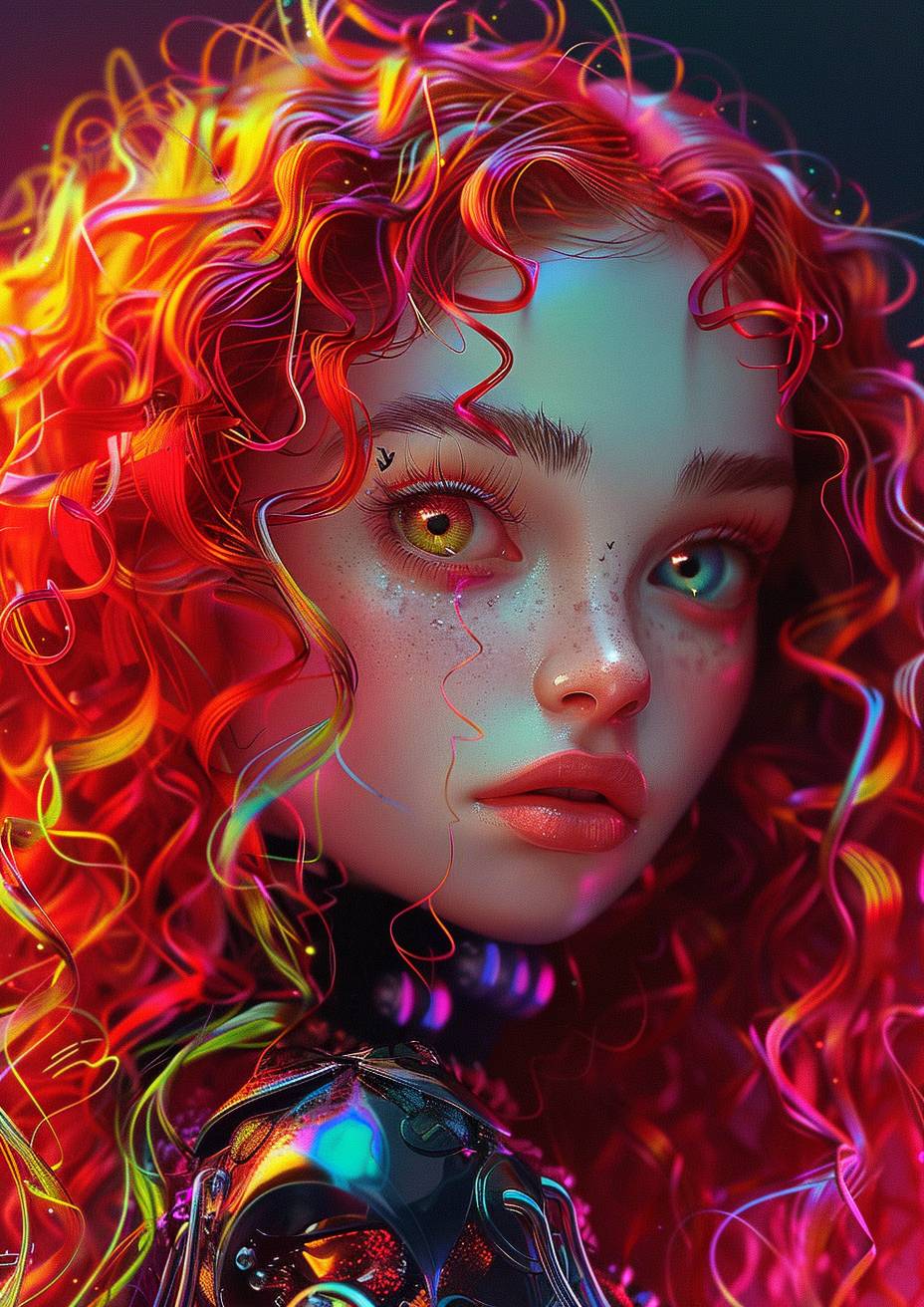 メタルボディースーツを着た幻想的な赤毛の巻き毛の女の子、彼女は大きな目と長いまつ毛を持っている、詳細なアニメスタイル、全身ショット、ハイパーリアルなデジタルペインティング、鮮やかな色彩、トレンドカラーパレット