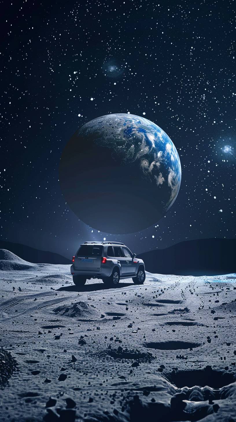 SUV車、グレー色、月に向けて走行中、背景には照らされた地球があり、超リアル