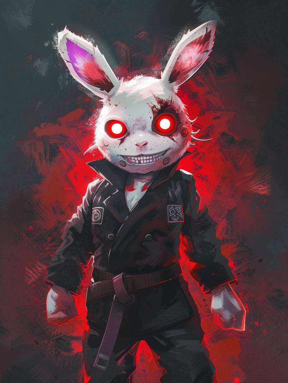 Full body white rabbit in judo uniform with glowing red eyes and a psychotic smile, in the style of the invader zim show by Jhonen Vasquez.
