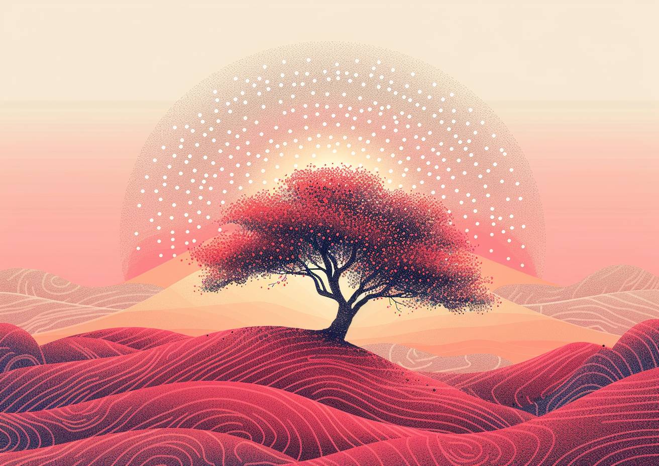 A vector illustration on a blank canvas, using pink and white phosphor dots of different sizes, forming a tree of life, rolling hills, negative space
