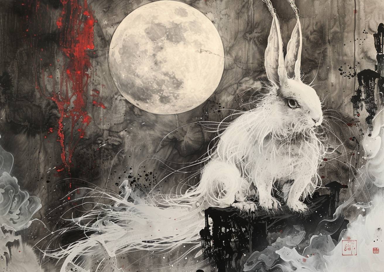 Traditional Chinese painting of Tu Shen, the rabbit god, in the lavish Rabbit Temple with a moon in the background. It features delicate strokes and a strong visual flow.