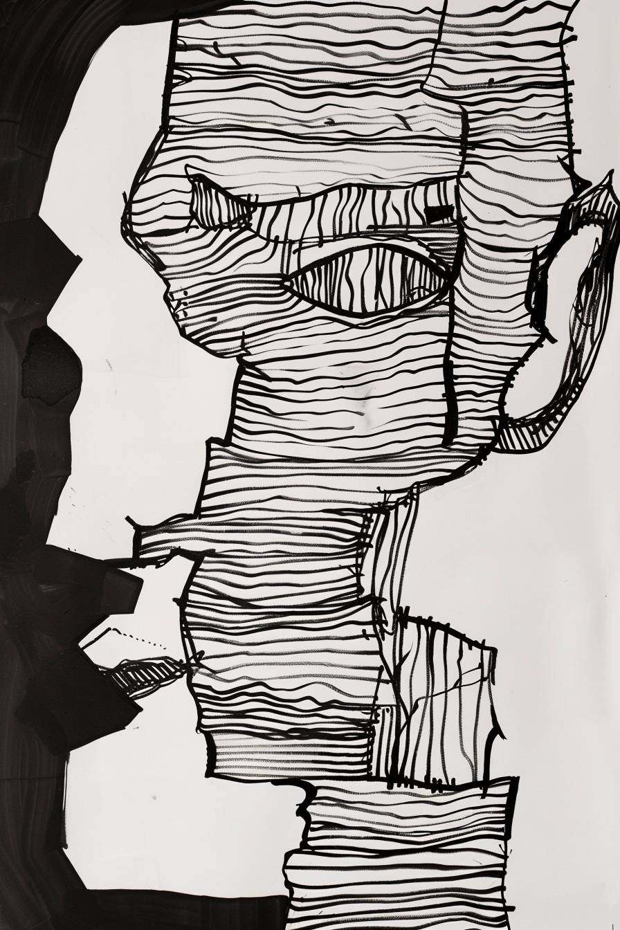 Jonathan Lasker風のスタイルで、キャラクター、インクアート、横から見たもの